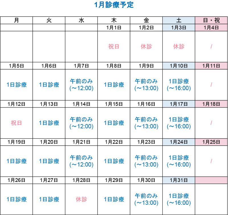 1月診療カレンダー