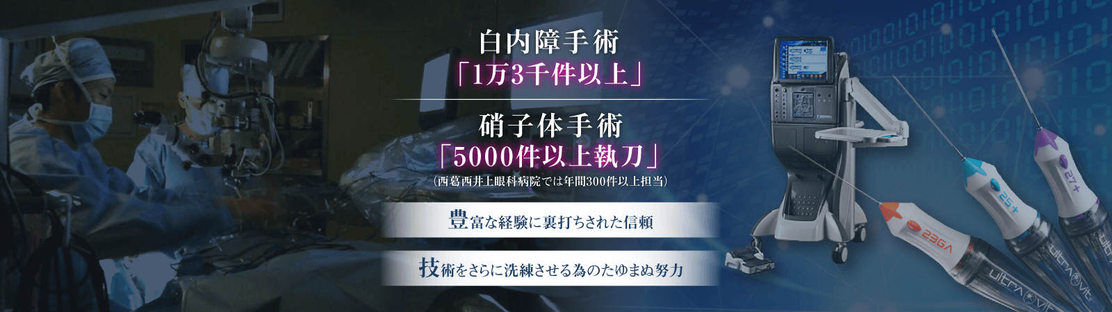 白内障手術「1万3千件以上」 硝子体手術「5000件以上執刀」（西葛西井上眼科医院では年間300件以上担当） 豊富な経験に裏打ちされた信頼 技術をさらに洗練させる為のたゆまぬ努力